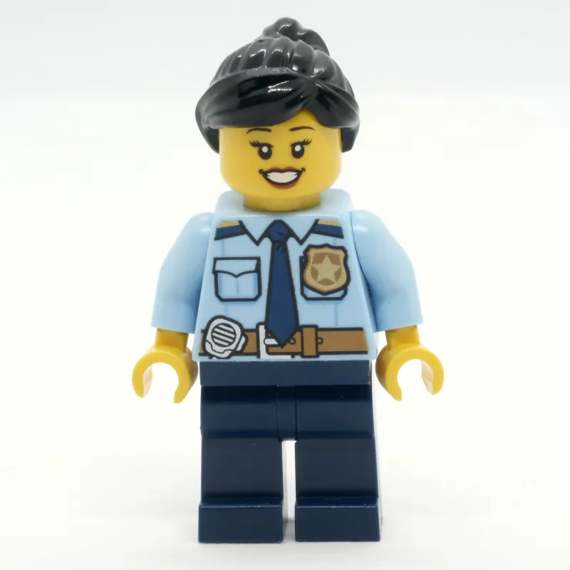 Police Officer, Bright Light Blue Shirt with Police Badge, Dark Blue Legs, Reddish Brown Ponytail