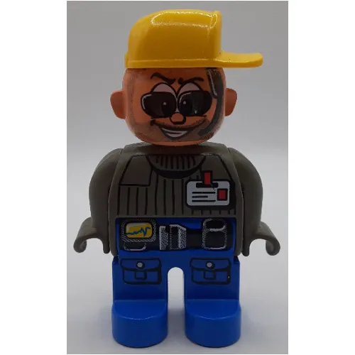 Duplo Figure, Early, Cap Yellow, Blue Legs, ID Badge with Belt, Sunglasses Print (Action Wheeler)