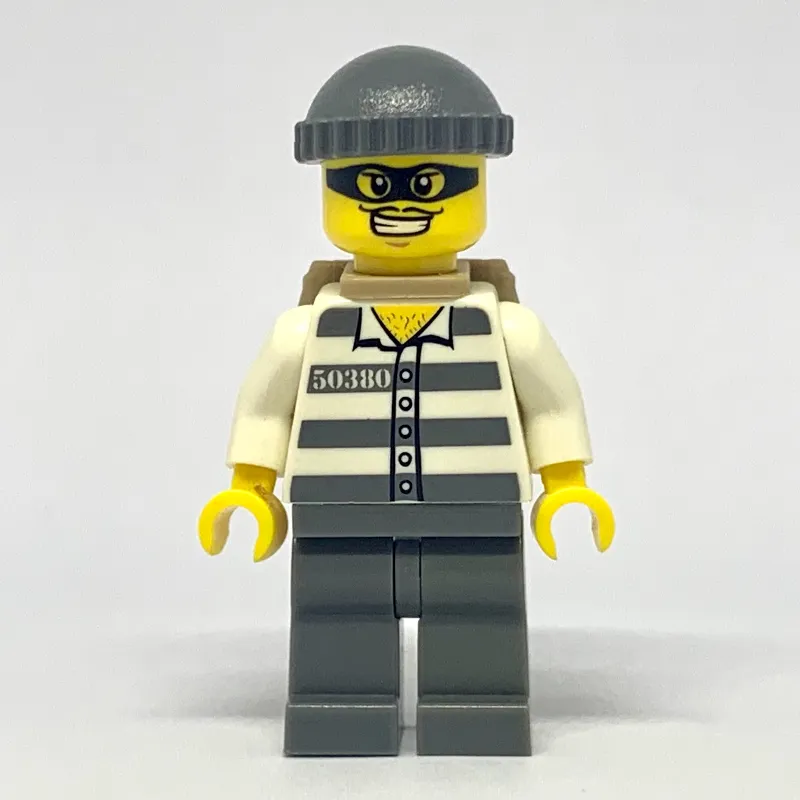 Criminal, Prison Shirt with #50380, Dark Bluish Gray Legs, Dark Bluish Gray Hat, Backpack, Black Eyemask