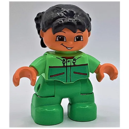 Duplo Figure Child with Pigtails Black, with Bright Green Legs, Jacket with Pockets Print