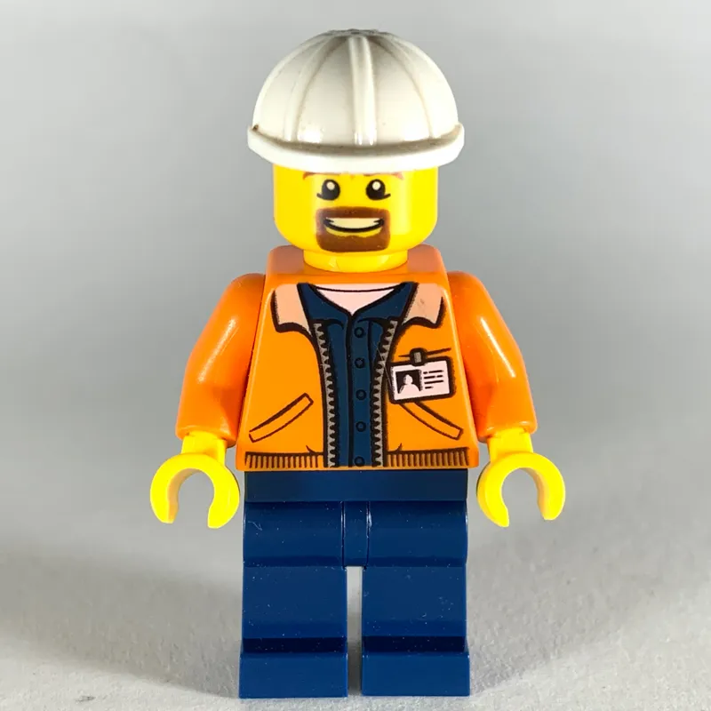 Miner, Open Orange Jacket with ID Badge, White Hard Hat, Goatee Beard