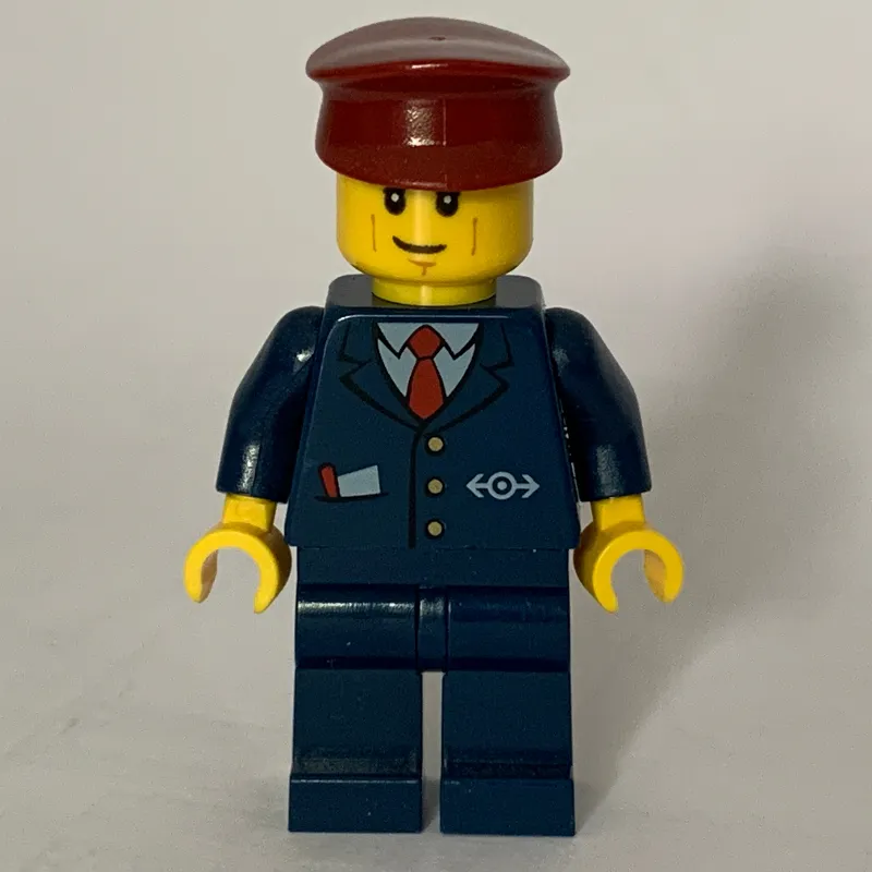 Train Conductor, Dark Blue Suit with Tie and Train Logo, Dark Red Hat