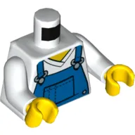 Torso V-Neck Shirt with Blue Overalls, Dotted Horizontal Line on Front Pocket Print, White Arms, Yellow Hands