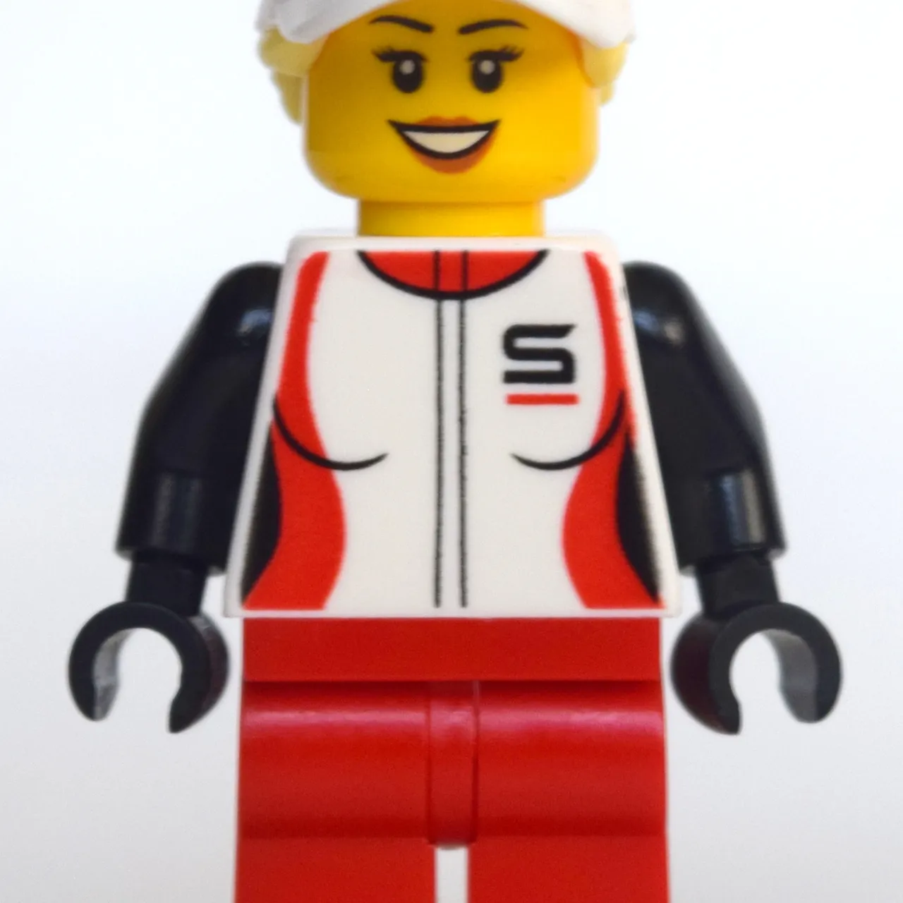 Woman, Racing Jacket, Red Legs, Ponytail with White Cap