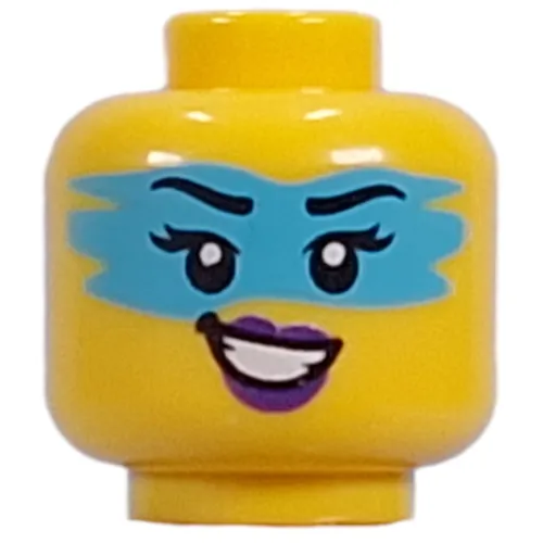 Minifig Head Zoey, Dark Azure Face Paint, Dark Purple Lips, Lopsided Open Mouth Smile/Lopsided Grinn