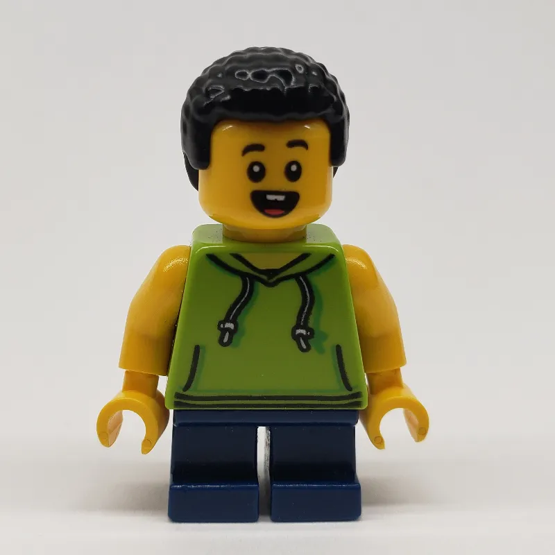 Boy, Lime Hoodie, Short Dark Blue Legs