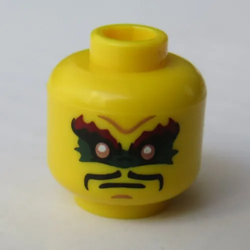 Minifig Head Krux, Dark Green / Red Eye Mask, Moustache Print [Hollow Stud]