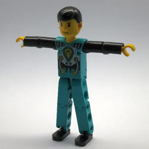 Technic Figure Dark Turquoise Legs, Dark Turquoise Torso with Yellow, Black, Silver Print, Black Arms