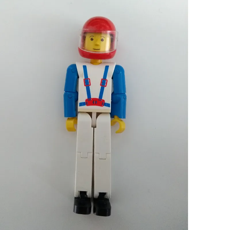 Technic Figure White Legs, White Top with Blue Braces Print, Blue Arms, Red Helmet