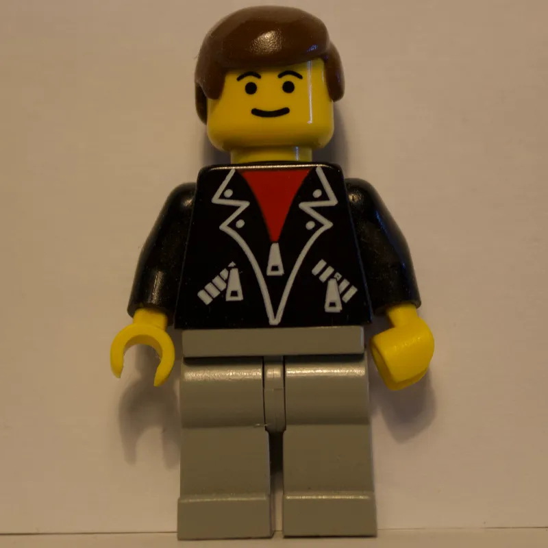 Man, Open Black Jacket over Red Shirt, Light Gray Legs, Brown Hair