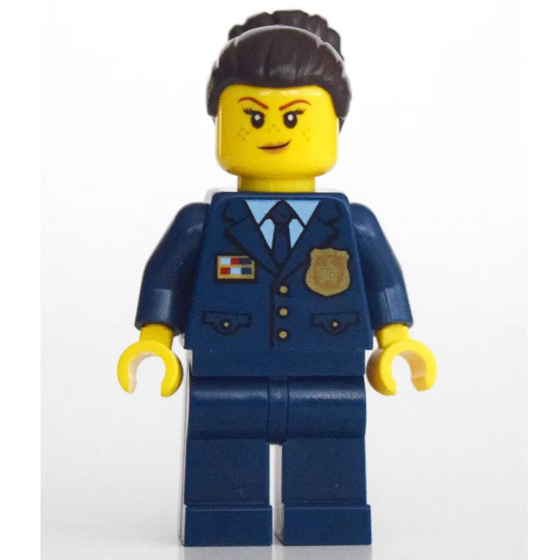 Policewoman, Dark Blue Suit and Tie, Dark Brown Bun Hair