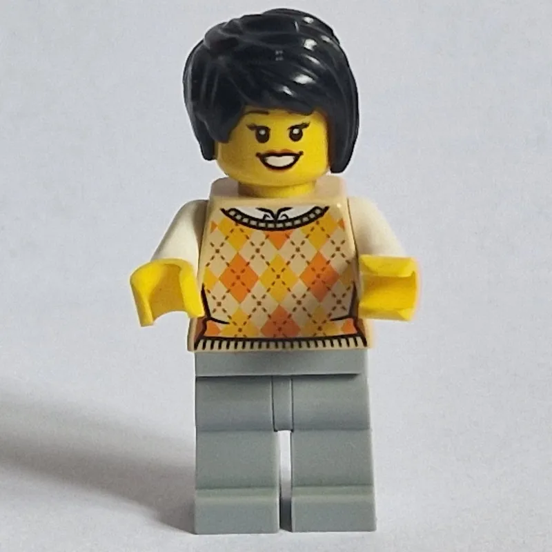 Woman, Tan Argyle Sweater Vest, Light Bluish Gray Legs