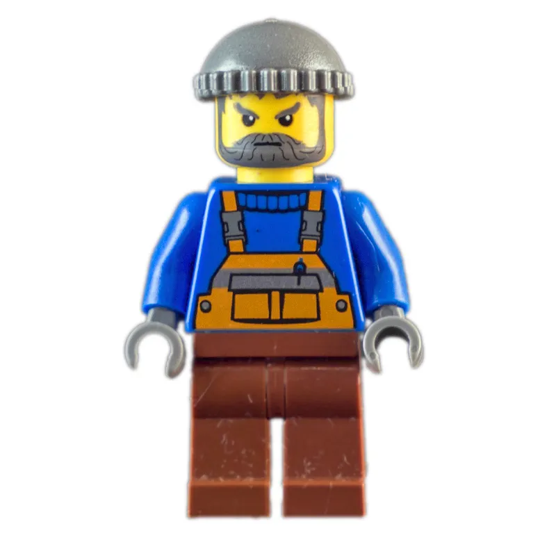 Man, Orange Overalls over Blue Sweater, Reddish Brown Legs, Dark Bluish Gray Hat, Beard