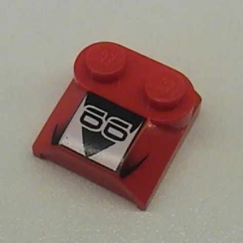 Brick Curved 2 x 2 x 2/3 Two Studs and Lip End with '66', Black Triangle, White Square Print