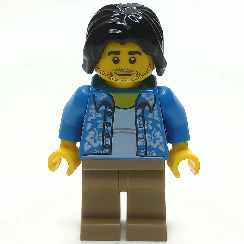 Man, Open Dark Azure Hawaiian Shirt, Dark Tan Legs, Black Hair