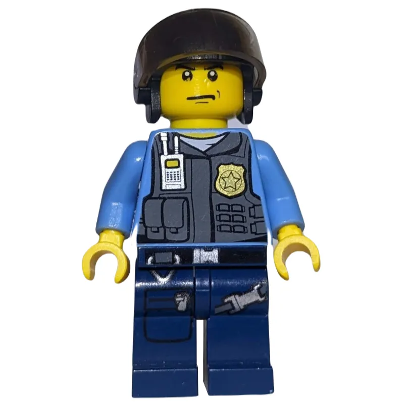 Policeman, Dark Bluish Gray Vest with Radio, Badge and Pouches over Medium Blue Shirt, Black Hat with Visor