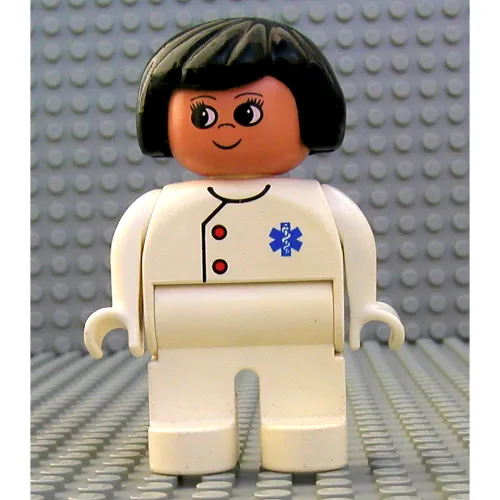 Duplo Figure, Early, Hair Bob Black, White Legs, Two Red Buttons and Blue EMT Star of Life Print