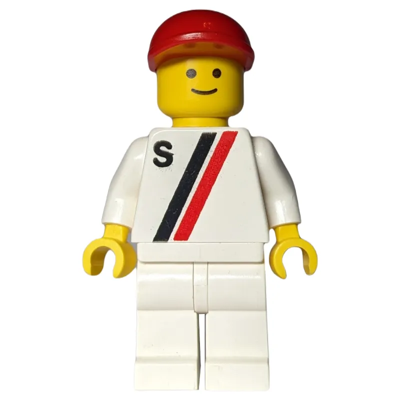 Racer, White Shirt with Two Stripes and 'S', White Legs, Red Cap