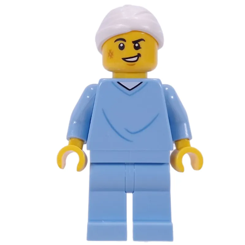 Patient, Bright Light Blue Scrubs, Bandage