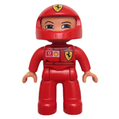 Duplo Figure with Helmet, Red Legs, Nougat Hands, Ferrari, Vodaphone, and Shell Logos Print
