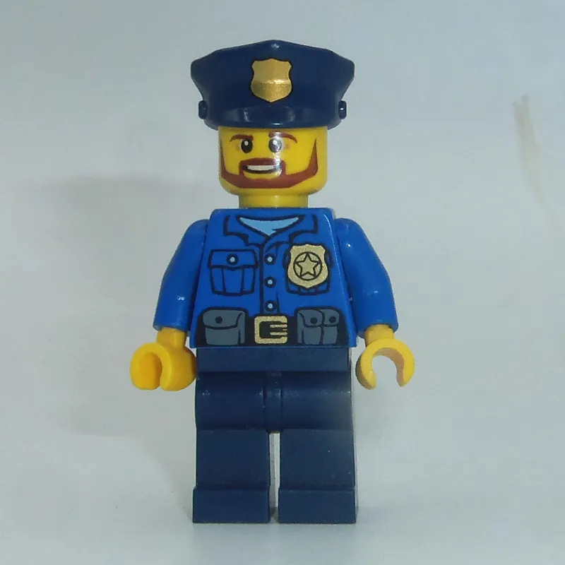 Policeman, Blue Shirt with Badge and Pouches, Dark Blue Legs, Dark Blue Police Hat with Badge, Beard