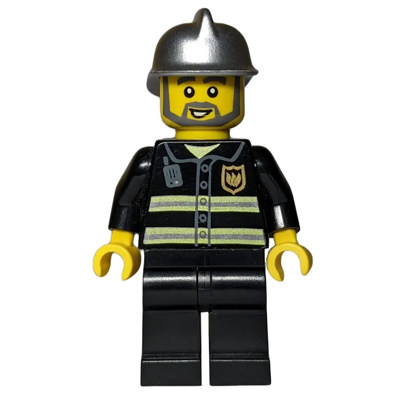 Fireman, Black Fire Jacket with Radio and Badge, Silver Helmet, Beard