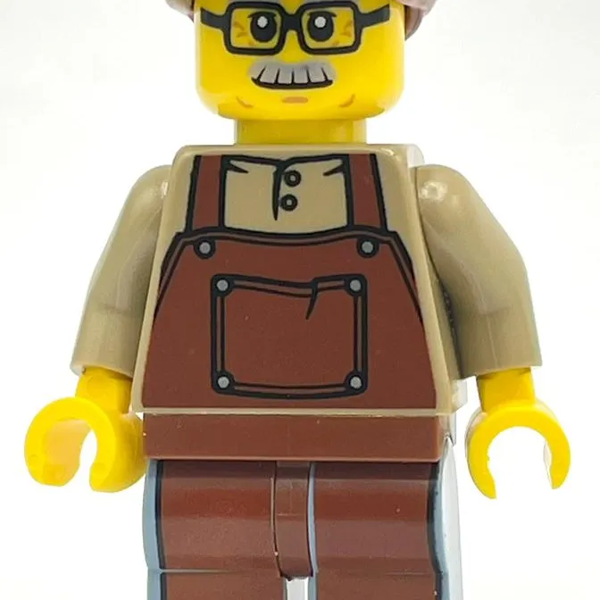 Man, Dark Tan Shirt with Reddish Brown Apron, Glasses and Moustache, Reddish Brown Hat