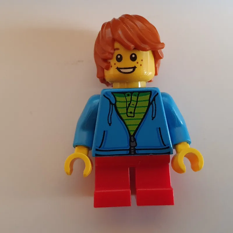 Boy, Open Dark Azure Hoodie with Zipper, Short Red Legs, Dark Orange Hair