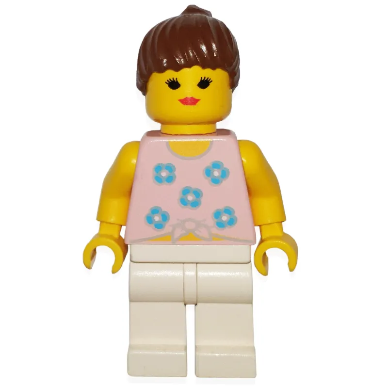 Woman, Tied Pink Tank Top with Flowers, White Legs, Black Hair