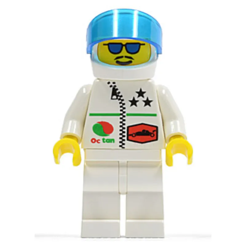 Racer, White Jacket with Zipper and Octan Logo, White Helmet with Visor, Blue Sunglasses