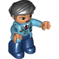 Duplo Figure with Thick Short Hair Combed over Forehead and Bun Black, Pilot, Dark Blue Legs, Medium Azure Top with Red Tie