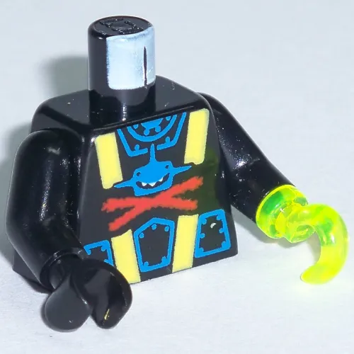 Torso Wetsuit with Blue Shark with Red X Print, Black Arms, Black Hand Right, Trans-Neon Green Hook Left