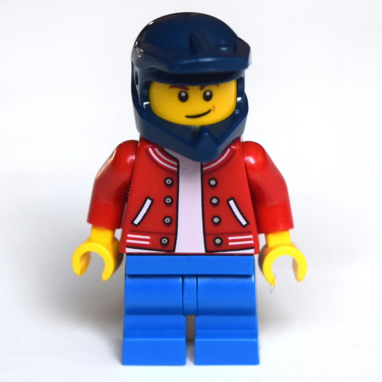 Boy, Red Letterman Jacket, Blue Medium Legs, Dark Blue Dirt Bike Helmet
