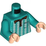 Torso Polo Shirt with White Vertical Zigzag Lines, Pocket, Reddish Brown Collar Print, Dark Turquoise Arms, Light Nougat Hands
