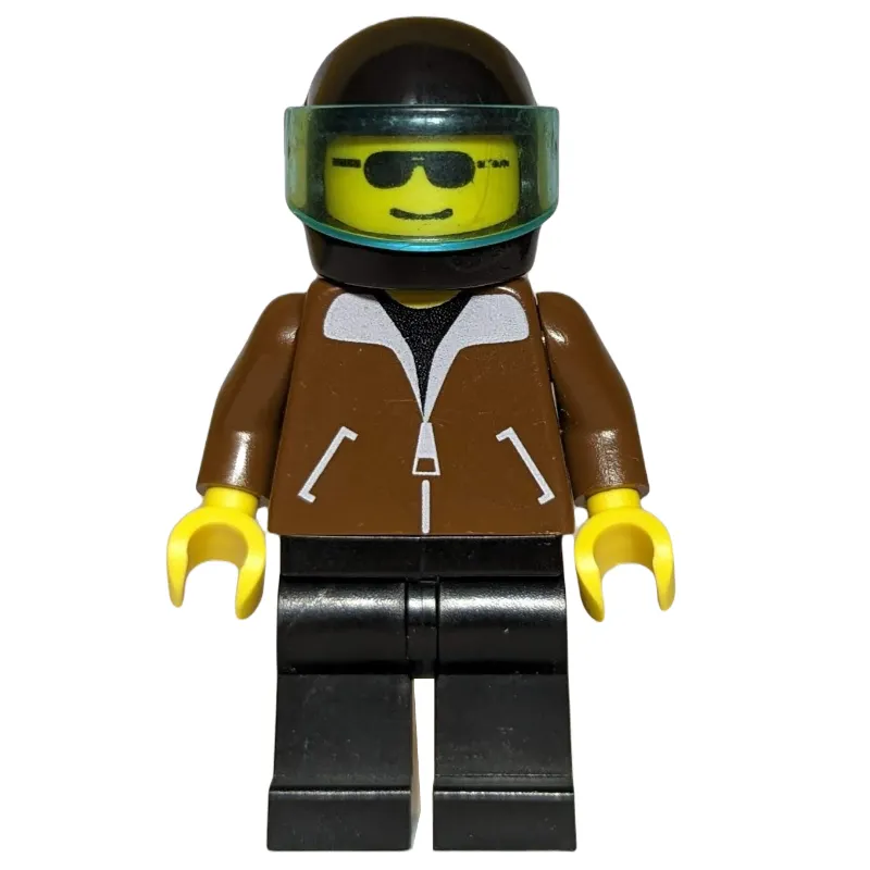 Man, Brown Jacket, Black Legs, Black Helmet with Visor, Sunglasses