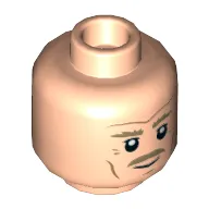 Minifig Head Antoc Merrick, Dual Sided, Dark Tan Eyebrows, Mustache, Crows Feet, Neutral / Smile Print [Hollow Stud]