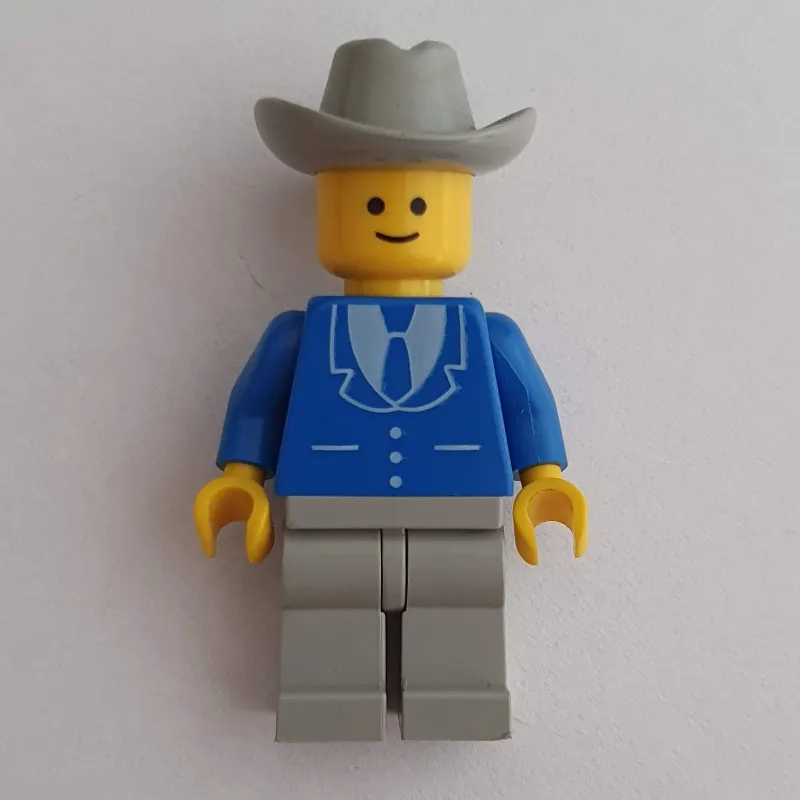 Man, Blue Jacket with Tie and Three Buttons, Light Gray Legs, Light Gray Cowboy Hat (3626b Head)