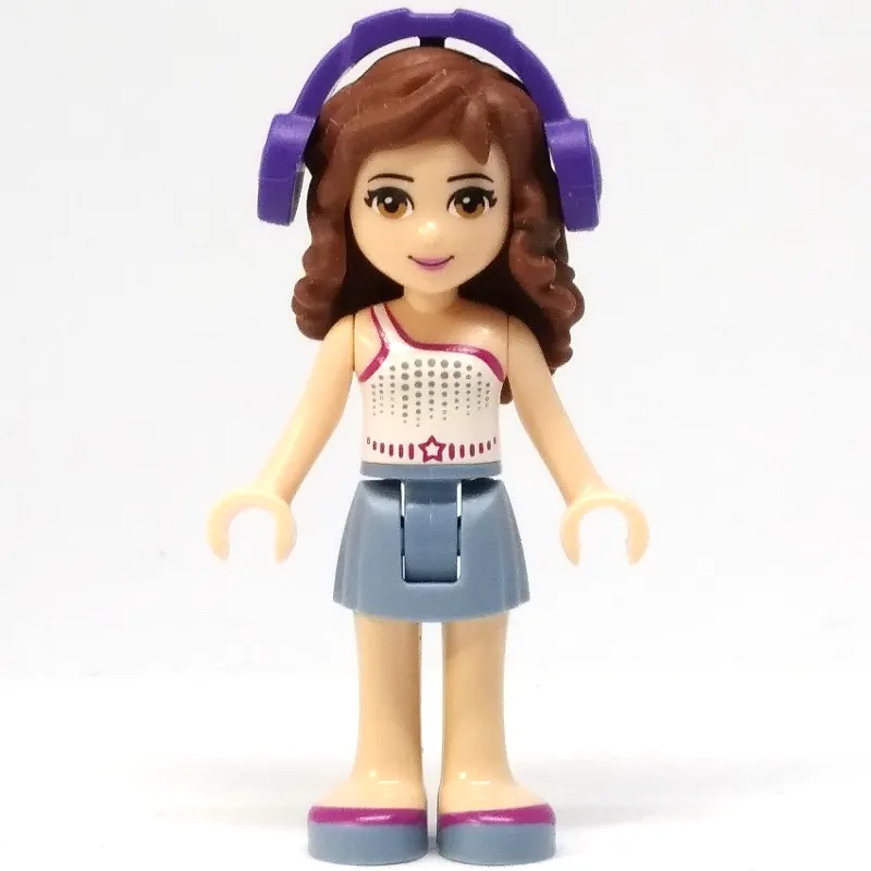 Olivia - White Top, Sand Blue Skirt, Headphones