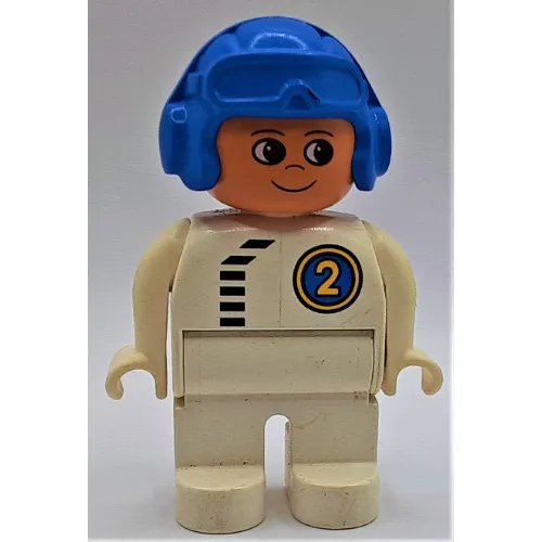 Duplo Figure, Early, Aviator Hat Blue, White Legs, Black Zipper and Racer #2 Print