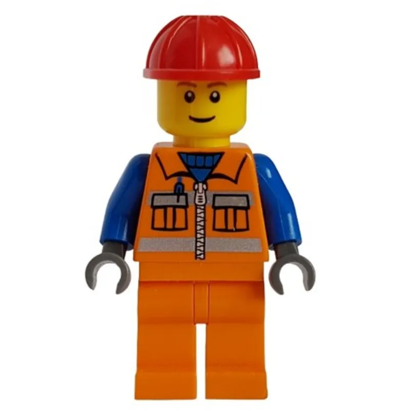 Construction Worker, Orange Safety Vest with Zipper and Pockets, Orange Legs, Red Hard Hat