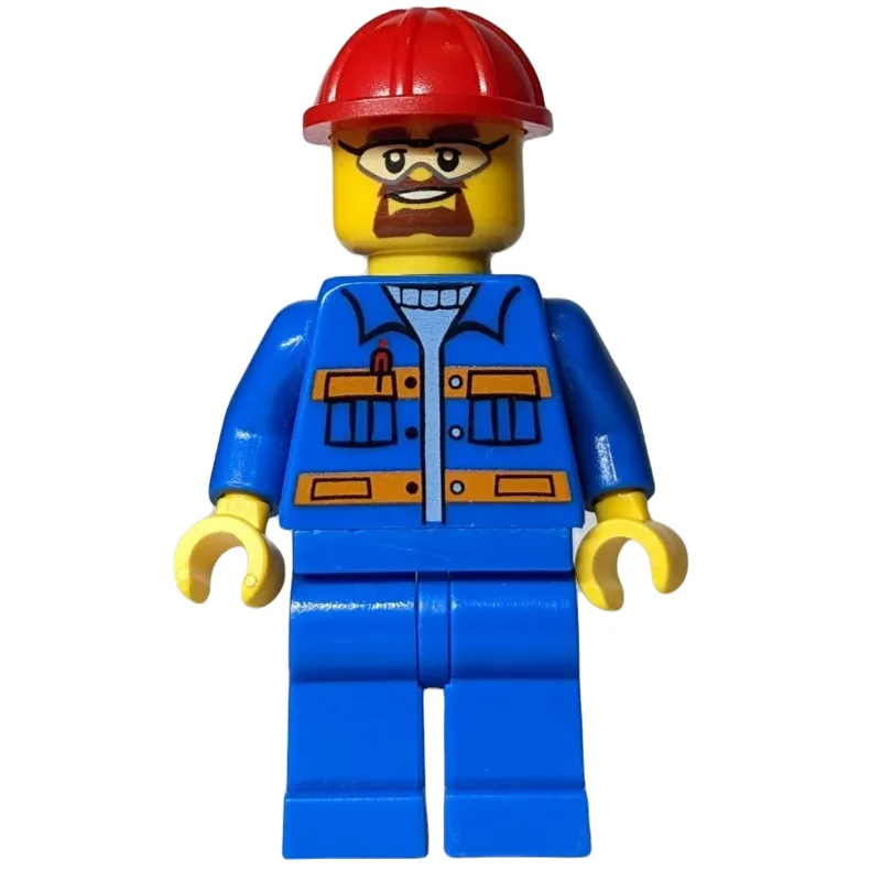 Worker, Blue Jacket with Orange Stripes, Blue Legs, Red Hard Hat, Goatee Beard and Safety Glasses