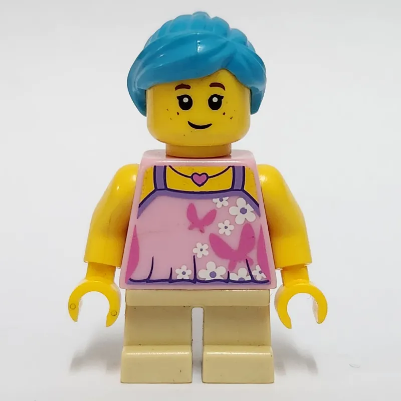 Girl, Bright Pink Top, Short Tan Legs, Dark Azure Hair