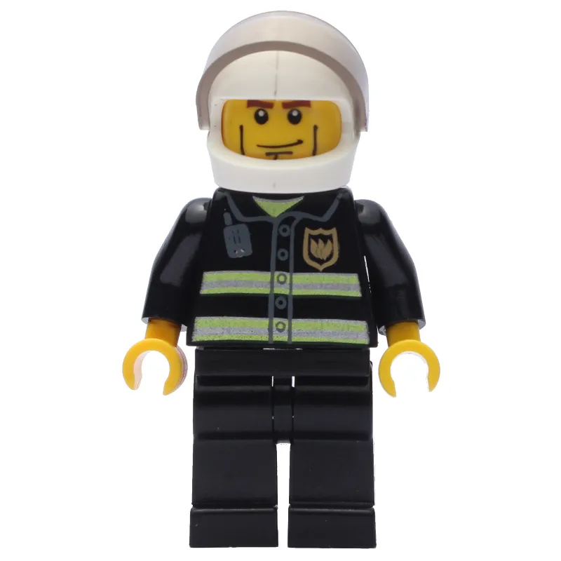 Fireman, Black Fire Jacket with Reflective Stripes, Radio, and Badge, White Helmet with Visor, Cheek Lines