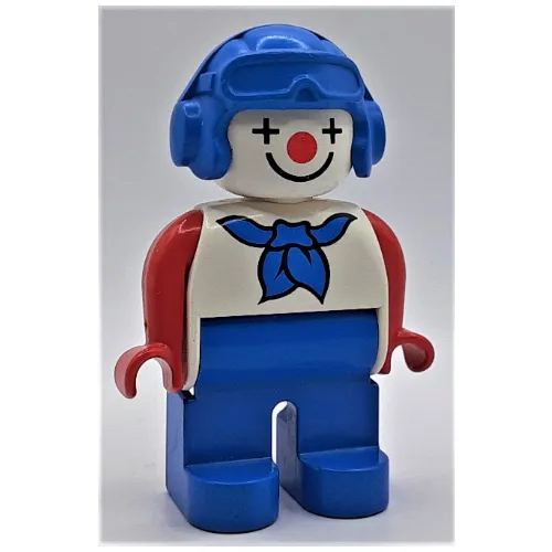 Duplo Figure, Early, Aviator Hat Blue, Blue Legs, Blue Scarf, Red Arms, Clown Face Paint