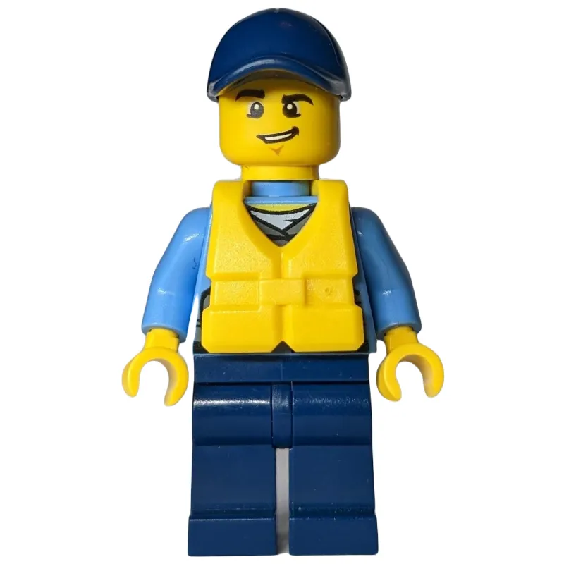 Policeman, Dark Bluish Gray Vest with Radio, Badge and Pouches over Medium Blue Shirt, Dark Blue Cap, Yellow Life Vest
