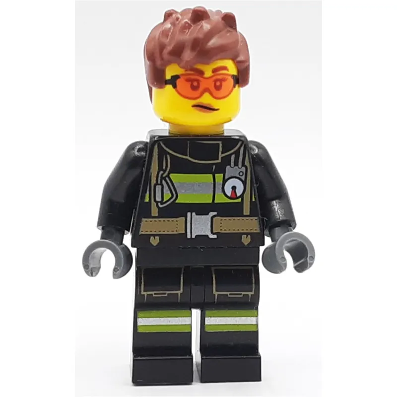 Firefighter, Black Fire Suit, Reddish Brown Hair, Orange Safety Glasses