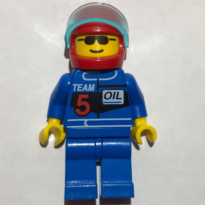 Racer, Blue Jacket with 'TEAM 5', Red Helmet with Visor, Sunglasses