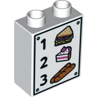 Duplo Brick 1 x 2 x 2 with Bottom Tube and Cake, Sandwich, Baguettes, '1', '2', and '3' Print