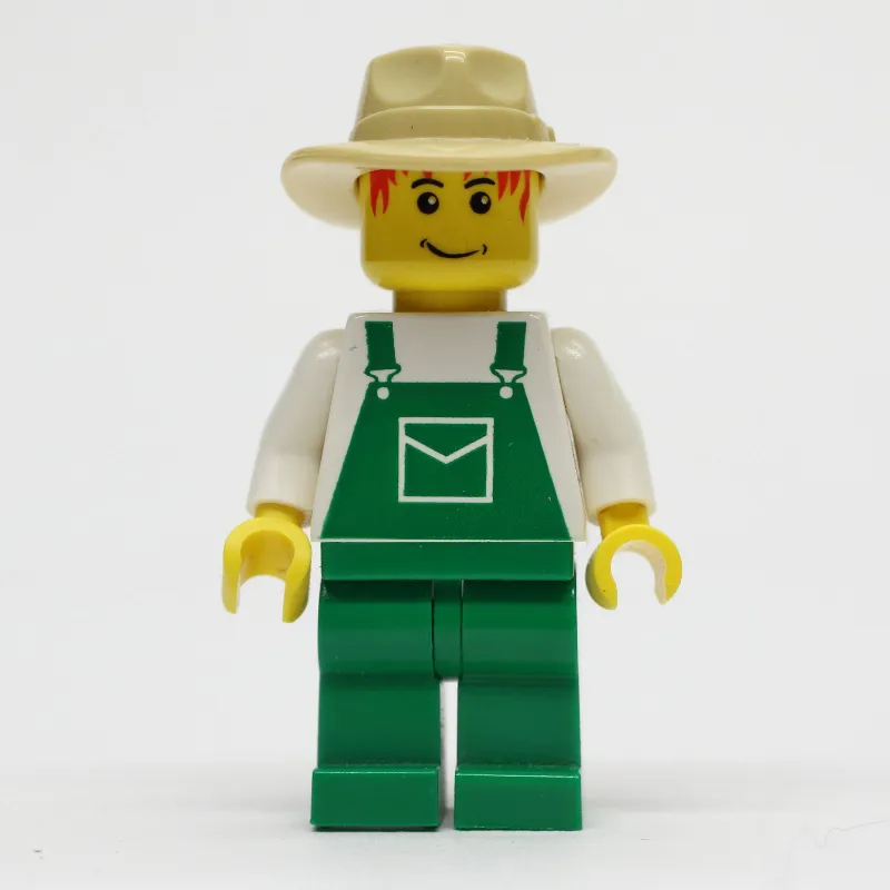 Man, Green Overalls, Tan Wide Brim Hat