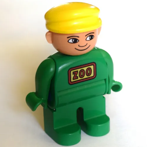 Duplo Figure, Early, with Flat Cap Yellow, Green Legs, 'ZOO' Print (Zoo Keeper)